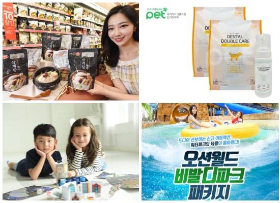 (왼쪽부터 시계방향) 홈플러스 올어바웃푸드 프리미엄 삼계탕, 인터파크 덴탈 더블케어 다이제스티브 플러스, 티몬 비발디파크+오션월드 세트권, 롯데호텔서울 모나르떼 패키지. ⓒ 각 사