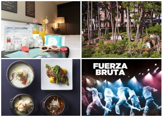 (왼쪽부터 시계방향) 글래드호텔 '서머 찬스' 패키지, 메종글래드제주 캠핑 & BBQ 프로모션, 신라스테이 '푸에르자 부르타' 패키지, 오크우드 프리미어 인천 안티파스티 뷔페 프로모션. ⓒ 각 사