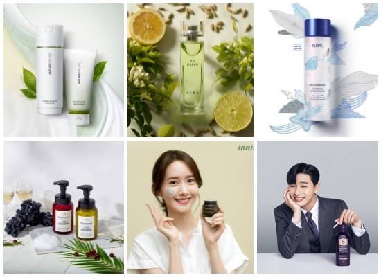 (왼쪽부터 시계방향) 아모레퍼시픽 트리트먼트 엔자임 필링 마스크, 헤라 아이스 그린 오 드 뚜왈렛, 아이오페·나난 작가 콜라보레이션 리디미트 에디션, 려 '자양윤모 탈모증상 케어 샴푸' 업그레이드 출시. 이니스프리 '수퍼 화산송이 2X 라인' 3종, LG생활건강 '킨즈마라울리 와이너리 버블 스파' 바디클렌저. ⓒ 각 사