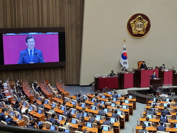 이재명 더불어민주당 대표가 교섭단체 대표발언에서 박진 외교부장관 해임 의지를 밝혔다. = 박성현 기자