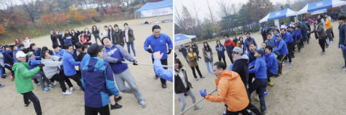 직원들의 단합을 볼 수 있는 줄다리기에서는 김정환 대표가 회식비로 50만원의 상금을 걸어 재미를 더했다. = 김경태 기자