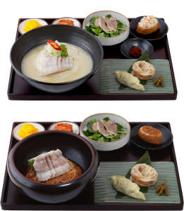 제일제면소 제주기행 신메뉴 고기 국수 차림상(위), 고기 비빔 국수 차림상(아래). ⓒ CJ푸드빌
