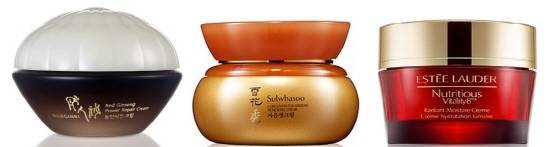 동인비 동인비진 크림(좌), 설화수 자음생 크림(가운데), 에스티로더 뉴트리셔스 바이탈리티8 모이스춰 크림(우). ⓒ 각사