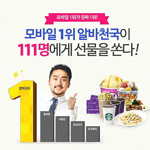 아르바이트 전문포털 알바천국은 '알바·취업포털 통합 모바일 1위 기념' 특별 사은 이벤트를 실시한다. ⓒ 알바천국