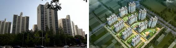 안양시 호계동 1052번지 일원에 위치한 평촌 목련3단지 현재 모습과 2017년 리모델링 후 조감도. ⓒ 쌍용건설