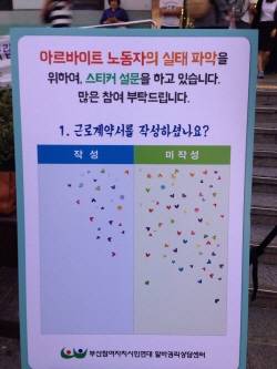 부산참여자치연대 알바권리상담센터가 지난 16일 오후5시부터 7시까지 부산대지하철역 3번 출구에서 거리 상담을 진행했다. ⓒ 부산참여자치연대