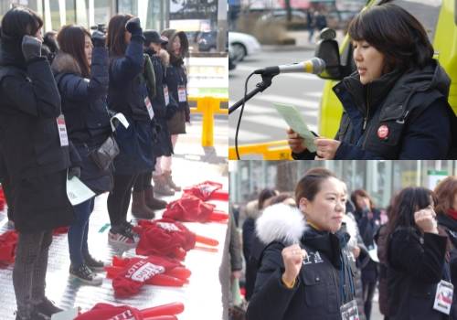 노조원들이 바닥에 깔린 돗자리 위에서 추위에 맞서며 투쟁하고 있다. 노조 측에서 제공한 핫팩과 담요 외에도 외투 모자를 뒤집어쓰거나 장갑으로 무장한 모습이다. 결의문을 낭독하는 전태경 교육선전부장(오른쪽 첫 번째). = 하영인 기자