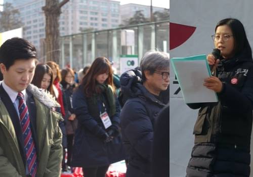 문근숙 위원장(오른쪽)과 묵념하는 노조원들 모습. = 하영인 기자