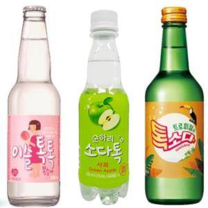 좌측부터 '이슬톡톡'. '순하리 소다톡', '트로피칼 톡소다' 제품 이미지. ⓒ 하이트진로·롯데주류·무학