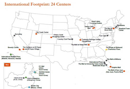터브먼사의 미국 쇼핑몰 운영 현황. 1950년도에 설립된 글로벌 쇼핑몰 개발기업 미국 터브먼은 미국 내 총 24개 쇼핑센터(독점 운영 11개, 합작 10개, 운영 2개, 임차 1개)를 운영하고 있다. 아시아 권에서는 합자 형태로 중국 1곳과 운영권만 보유하는 방식으로 한국 IFC몰, 마카오 등 2곳이 있다. 현재 개발중인 곳은 스타필드 하남을 비롯해 중국 장쩌우 지역의 '씨티 온 장쩌우'가 있다. ⓒ 터브먼
