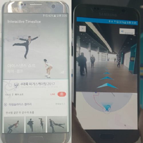 '아이스 아레나' 경기장 내부에서 실증 테스트 중인 5G 기술이 적용된 '타임 슬라이스' 서비스(왼쪽)과 증강현실 기술이 적용된 'AR 길안내' 서비스(오른쪽) 모습. KT는 두 서비스를 비롯한 5G 서비스를 평창 동계올림픽 전용 통합 애플리케이션에 담겠다는 구상이다. ⓒ 프라임경제