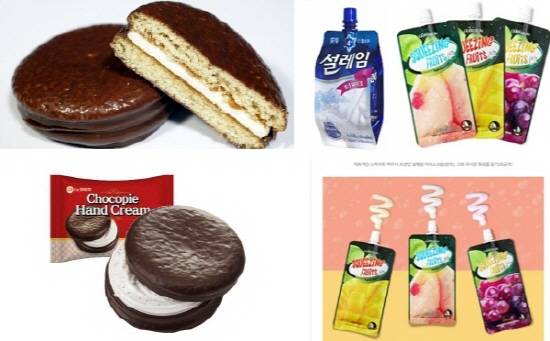 더샘 이라는 회사의 초코파이 핸드크림 사진이 왼쪽이고, 오른쪽 사진은 게리쏭의 스퀴징 후르츠 핸드크림이에요. 위쪽이 진짜, 아래쪽은 비슷하게 생긴 화장품이에요. ⓒ 네이버 블로그