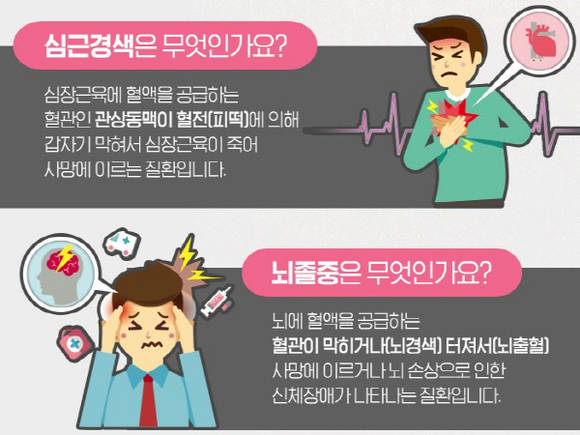 질병관리본부의 인터넷 홈페이지에는 심근경색·뇌졸중을 조심하라는 안내를 많이 하고 있어요. ⓒ 질병관리본부