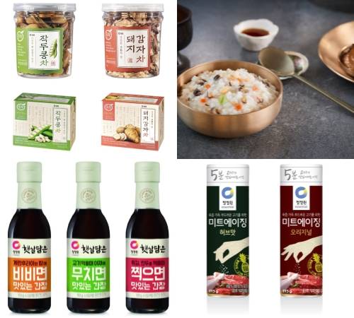 샘표 순작 작두콩차·돼지감자차, 한국야쿠르트 잇츠온 전복죽·야채죽, 대상 청정원 햇살담은 맛있는 간장 3종, 미트에이징 2종. ⓒ 각 사