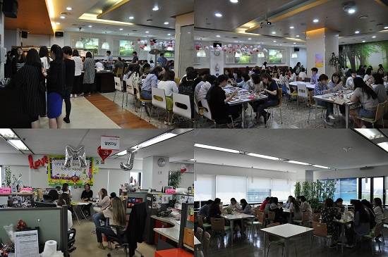 상담사들이 점심시간에 휴게실, 구내 식당에 모여 식사를 하거나 이야기를 나누고 있다. = 박지혜 기자