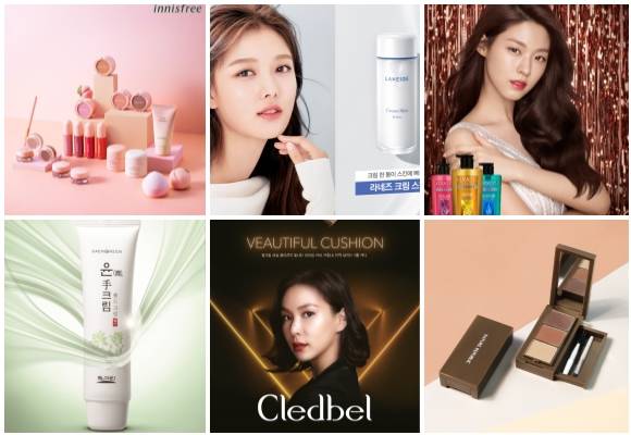 (왼쪽부터 시계방향) 이니스프리 #모찌모찌 에디션, 라네즈 크림 스킨, 케라시스 어드밴스드 앰플 샴푸&트리트먼트 6종, 네이처리퍼블릭 보테니컬 스타일러 케익 아이브로우' 리뉴얼 출시, 끌레드벨 미라클 파워 리프트 V쿠션, 생그린 윤, 수크림. ⓒ 각 사