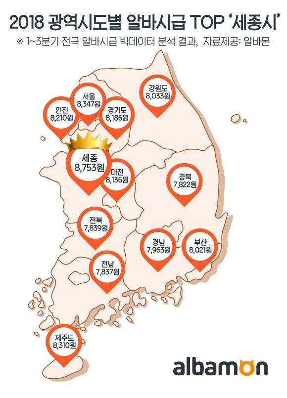 올해 전국 광역시도별 알바시급 지도. ⓒ 알바몬