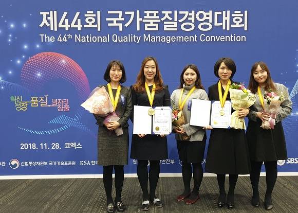 KT CS가 운영하는 한국주택금융공사 콜센터가 지난달 28일 서울 코엑스에서 열린 제44회 국가품질경영대회에서 대통령상 금상을 수상했다. KT CS 직원들과 함께 한국주택금융공사 장선미 센터장(오른쪽에서 두 번째)이 수상을 축하하며 기념촬영을 하고 있다. ⓒ KT CS