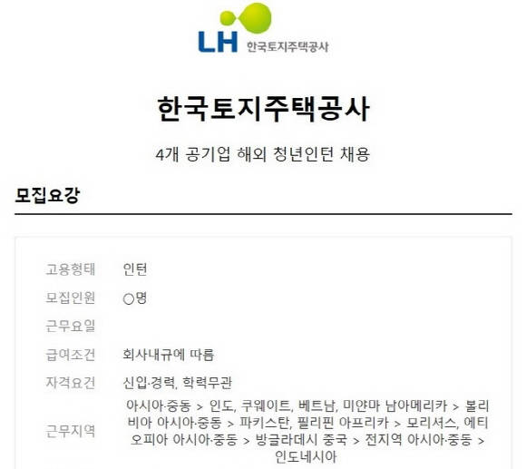 취업정보를 알려주는 사이트에 4개 공기업에서 해외청년 인턴을 채용한다는 안내문 일부예요. ⓒ 잡코리아
