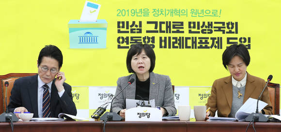 이정미 정의당 대표(가운데)가 7일 오전 국회에서 열린 상무위원회에서 모두발언을 하는 모습. ⓒ 연합뉴스