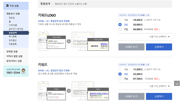 알바천국 통합검색 키워드 상품. ⓒ 알바천국