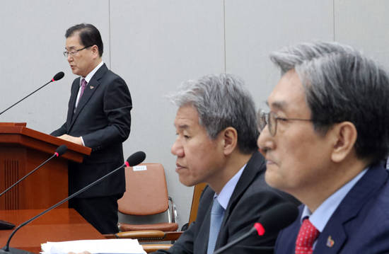 지난 4일, 국회 운영위원회 회의에 출석한 정의용 청와대 국가안보실장(왼쪽)이 강원도 산불 대처와 관련한 이석이 원활히 진행되지 못하면서 재난 시, 정부요인의 이석에 대한 법률적 근거 마련이 필요하다는 목소리가 대두됐다. ⓒ 연합뉴스