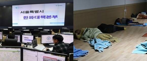 왼쪽편 사진은 서울시에서는 추운날을 대비해서 사람들을 돕기위해 마련한 본부의 모습이예요. 오른쪽은 거리에서 잠자는 사람들을 도와주기 위해 마련된 '따뜻한 방'이예요. ⓒ 서울시
