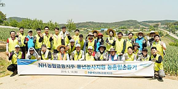 14일, 충남 서산시 부석면에서 진행된 NH농협금융지주 농촌 일손돕기 활동에서 농협금융 최창수 부사장(앞줄 왼쪽 5번째)과 임직원 봉사단이 일손돕기 후에 기념촬영을 하고 있다. ⓒ NH농협금융지주