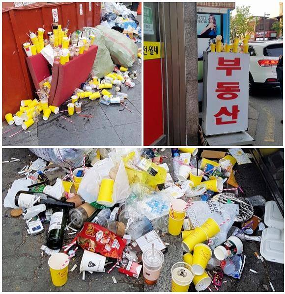이달 초 연트럴파크에서 진행된 랑방의 팝업스토어 행사중 발생한 노란색 종이컵들이 곳곳에 버려져 있다. ⓒ 프라임경제