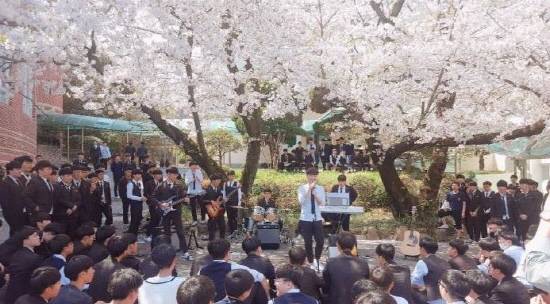 마산고등학교 근무 당시 벚꽃 버스킹. = 김현정 교사