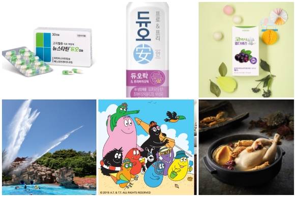 (왼쪽부터 시계방향) 삼진제약 뉴스타틴™듀오 캡슐, 쎌바이오텍 듀오安, 안국건강 코박사 엘더베리 리뉴얼, 호텔신라 명품 보양식 선물세트, 서울신라호텔 바바파파 키즈 라운지, 롯데호텔 오 마이 리워즈 패키지. ⓒ 각 사