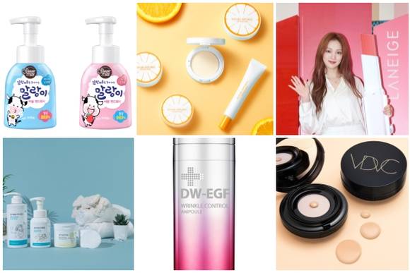 (왼쪽부터 시계방향) 샤워메이트 버블 핸드워시, 네이처리퍼블릭 보테니컬 오렌지 포어 라인, 라네즈 레이어링 립 바 신제품 론칭 행사, 비디비치 퍼펙트 브이핏 쿠션 리뉴얼 출시, 디엔컴퍼니 DW-EGF 링클 컨트롤 앰플, 11번가 슬기로운 뷰티 시리즈. ⓒ 각 사