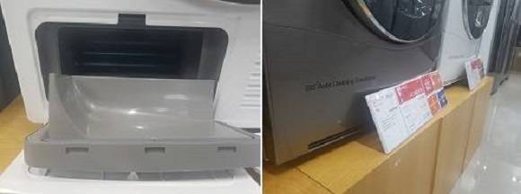 삼성전자와 LG전자 의류건조기의 외부 디자인 차이. 삼성전자(왼쪽)는 사용자가 직접 콘덴서를 청소할 수 있도록 여닫이 문을 단 반면, LG전자(오른쪽)는 제품을 분해하고 나서야 콘덴서를 확인할 수 있도록 설계했다. ⓒ 프라임경제