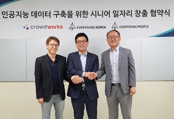 (좌측부터) 박민우 크라이드웍스 대표, 정은성 에버영코리아 대표, 이한복 에버영피플 대표가 업무협약 후 기념촬영 하고 있다. ⓒ 에버영피플