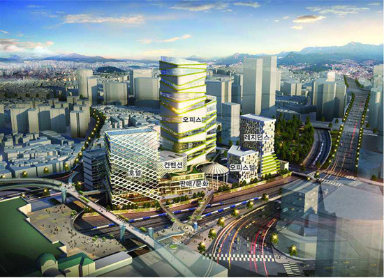 서울역북부 역세권 개발 우선협상자 선정에서 메리츠 컨소시엄 측이 금산법에 발목잡히면서, 한화 컨소시엄 측이 우선협상자로 선정됐다. 이 과정에서 메리츠 측이 소송을 준비 중이라는 이야기가 흘러나오고 있다. 사진은 서울역북부 역세권 개발 투시도. ⓒ 코레일