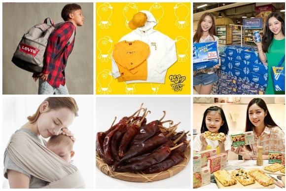 (왼쪽부터 시계방향) 리바이스키즈 트래블 백팩 신제품, TBJ 유튜버 허팝 캐릭터 적용 상품 출시, 홈플러스 카스 태극기 이색 패키지·론카딘 냉동 조각피자, 롯데마트 2019년 햇 건고추, 에끌레브 슬핑플러스 아기띠 신규 출시. ⓒ 각 사
