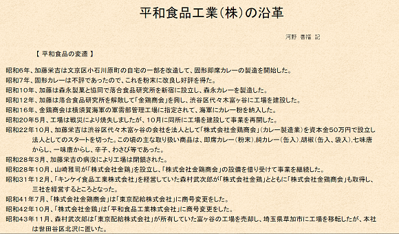 고노씨가 자신의 블로그에 기록한 평화식품주식회사의 역사. ⓒ 고노 요시후쿠 작가 블로그