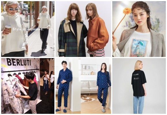 (왼쪽부터 시계방향) 유니클로 2019 F/W 스웨트 컬렉션, 스튜디오 톰보이 트렌치코트 컬렉션, 로엠 모네 컬렉션, FRJ-만선호프 콜라보 한정판 패키지, BYC 스위트남녀 잠옷세트, 롯데백화점 벨루티 팝업스토어. ⓒ 각 사