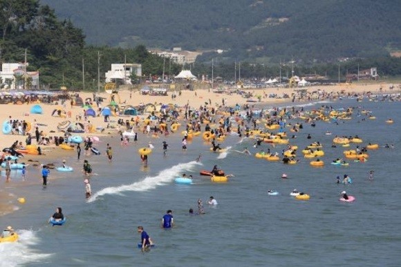 많은 사람들이 명사십리 해수욕장을 찾았어요. 해수욕장은 전라남도 완도군 신지면 신리에 있어요. ⓒ 완도군