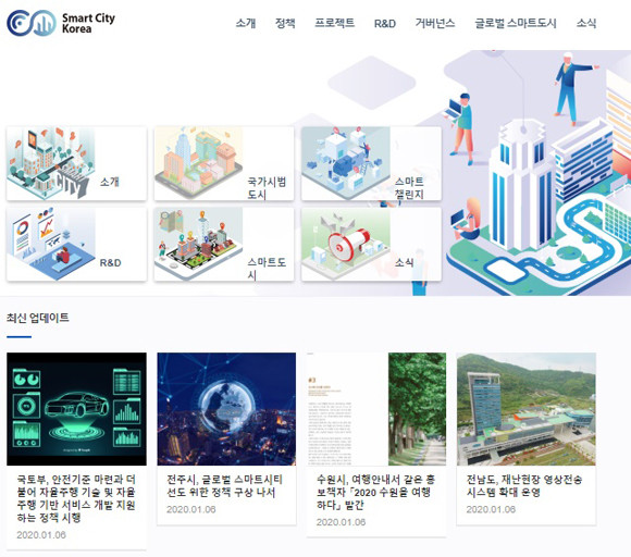 '스마트시티 종합포털' 메인화면. 앞으로 이 종합포털을 통해 스마트시티와 관련한 모든 정보를 열람, 다운로드할 수 있게 될 전망이다. ⓒ 스마트시티종합포털 홈페이지