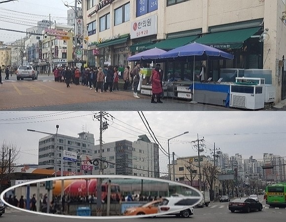 시민들이 마스크를 구매하기 위해 공적 판매처 앞에서 긴 줄을 서 기다리고 있습니다. 공적 마스크 개당 판매가는 평균 1100원 정도로 시중에서 유통되는 마스크의 25% 수준입니다. 좌측아래 길게 줄 선 사람들의 모습을 확대했습니다. = 프라임경제