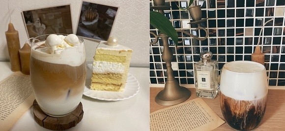 왼쪽부터 썸머라떼, 아인슈페너. 평소에 카페에서 즐겨 마시는 커피메뉴를 ENA8을 활용해 집에서도 손쉽게 만들 수 있었다. = 박지혜 기자
