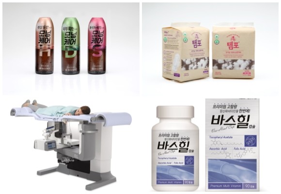 (왼쪽부터 시계방향) 동아제약 모닝케어·템포 내추럴 순면패드, 콜마파마 바스힐 캡슐, JW메디칼 어펌 프론 바이옵시 시스템. ⓒ 각 사