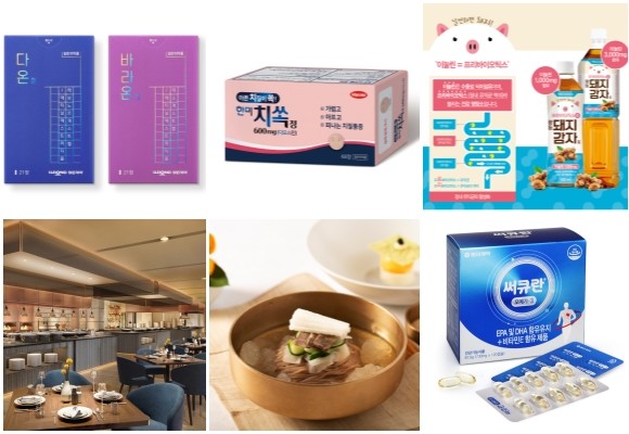 (왼쪽부터 시계방향) 일동제약 다온·바라온, 한미약품 치쏙정, 광동제약 프리바이오틱스 차(茶) 돼지감자차 대용량 출시, 동아제약 써큐란 오메가-3, 롯데호텔 여름철 보양식, 롯데호텔제주 더 캔버스 오픈. ⓒ 각 사