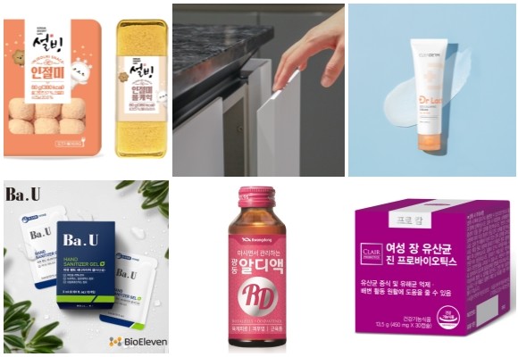 (왼쪽부터 시계방향) 세븐일레븐-설빙 인절미 디저트, 현대리바트 리바트 키친 L500G, 닥터락토 SOS 카밍 크림, 한미약품 클레어 테라피 프로-캄 진 프로바이오틱스, 광동제약 광동 알디액, 바이오일레븐 바유 핸드 세니타이저 겔. ⓒ 각 사