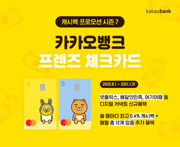 카카오뱅크가 내달 1일부터 내년 1월 말까지 6개월간 체크카드 결제금액에 따라 캐시백을 제공하는 '캐시백 프로모션 시즌7'을 진행한다. ⓒ 카카오뱅크