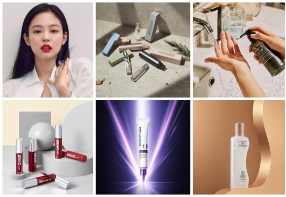 (왼쪽부터 시계방향) 헤라 센슈얼 파우더 매트 신규 컬러 라인, 프라도어 바디 오 드 퍼퓸 미니, 필보이드 퍼퓸드 핸드워시 프라임 에디션, 실크 테라피 클래식, CNP 레티날 DX™ 트리트먼트, 미샤 데어틴트 매트타투. © 각 사