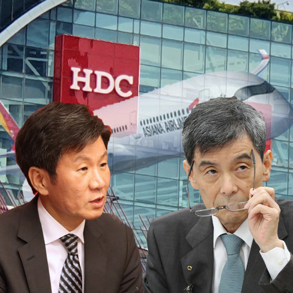 HDC현대산업개발이 지난 26일 이동걸 산업은행 회장(오른쪽)과 정몽규 HDC그룹 회장(왼쪽)의 면담이후 일주일 만에 '재실사 요구입장 견지' 취지의 답신을 보내면서 아시아나항공 인수합병이 무산될 가능성이 높아졌다. = 장귀용 기자