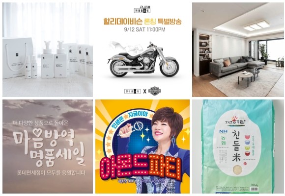(왼쪽부터 시계방향) 생활공작소 핸드워시 선물세트, 현대홈쇼핑 할리데이비슨 론칭 방송, CJ오쇼핑플러스 한샘 윈도우 패키지 상품 출시, 롯데마트 친들미, 이마트 아몬드 파티, 롯데면세점 마음방역명품세일 5차 판매. © 각 사