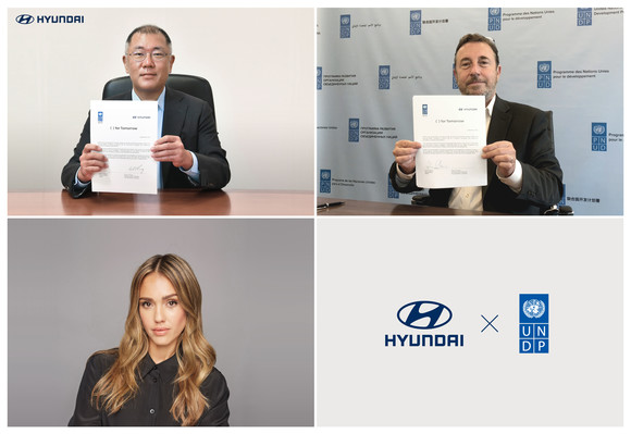 정의선 현대차그룹 수석부회장(왼쪽 위)과 아킴 스타이너 UNDP 사무총장(오른쪽 위)이 온라인으로 진행된 업무협약식에 참석해 협약을 체결했으며, 왼쪽 아래는 'for Tomorrow' 프로젝트를 함께 하는 배우 제시카 알바. ⓒ 현대자동차그룹